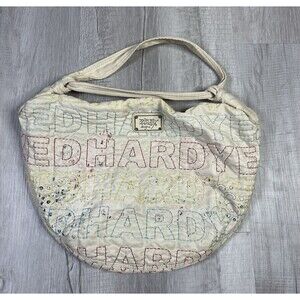 Vintage VTG DON ED HARDY DESIGNS Stitched Logo Quilted Cream Sand Beach Tote Bag